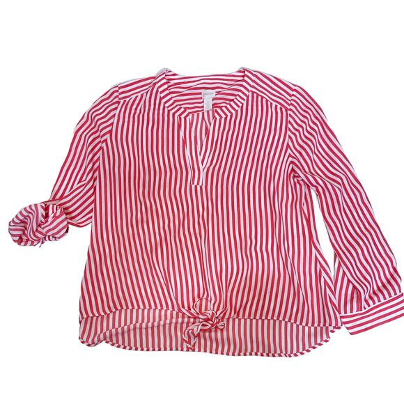 Chicos Blouse Womens Size 2 Large Tie Front Roll Tab Vee Neck Coral White Stripe - Picture 10 of 16